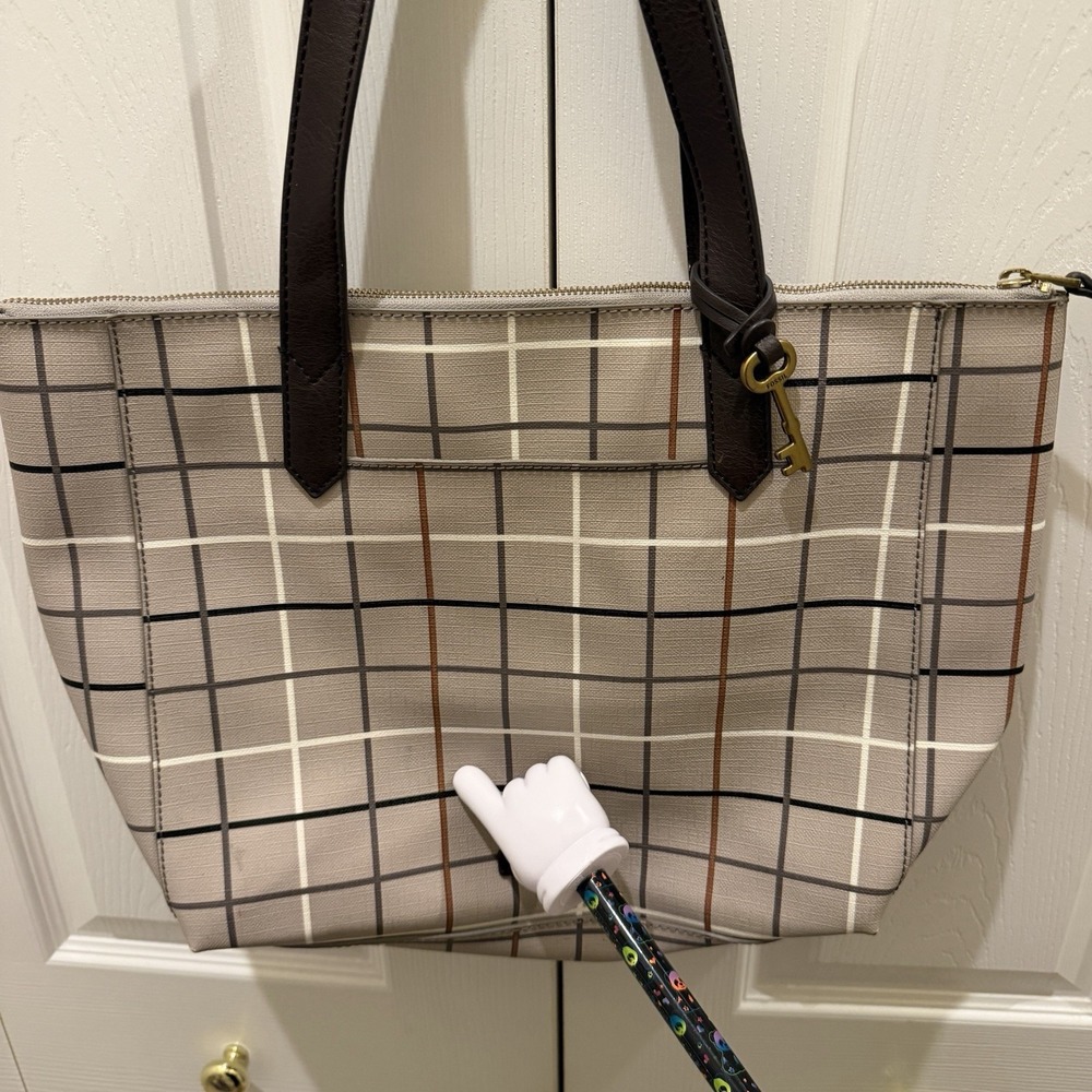 Fossil Sydney Large Tote Bag Gray Black Brown Plaid Windowpane PVC 17x12x4 - Picture 5 of 12